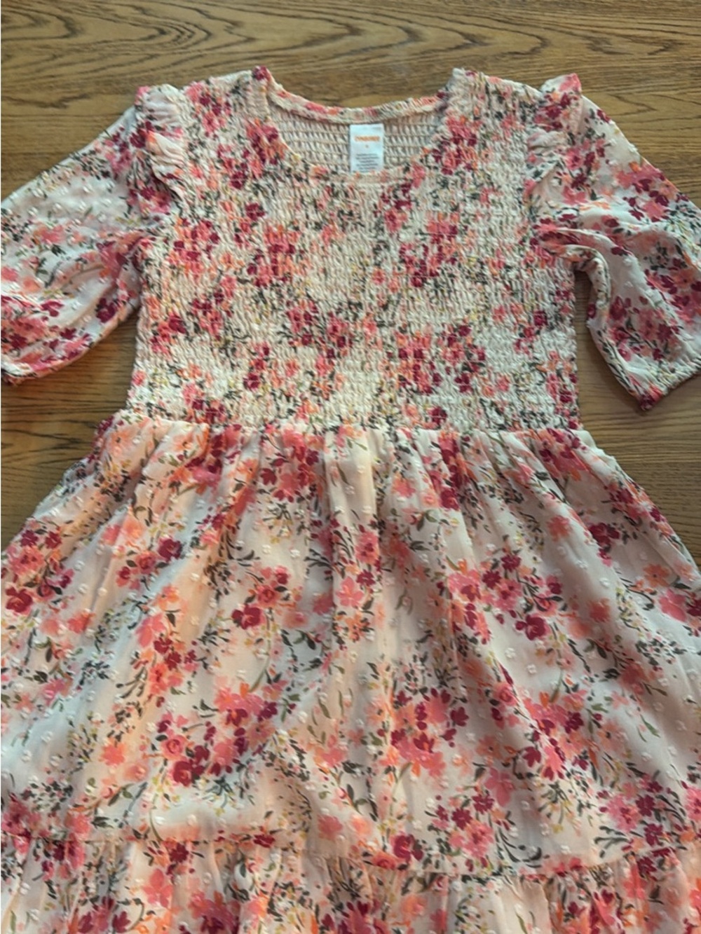 Gymboree Girls Floral Smocked Swiss Dot Dress Size 8 Chiffon Tiered Pink Orange